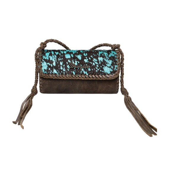 Wrangler Ladies Genuine Cowhide Coffee Brown & Turquoise Crossbody Bag WG21-181 - Picture 1 of 8